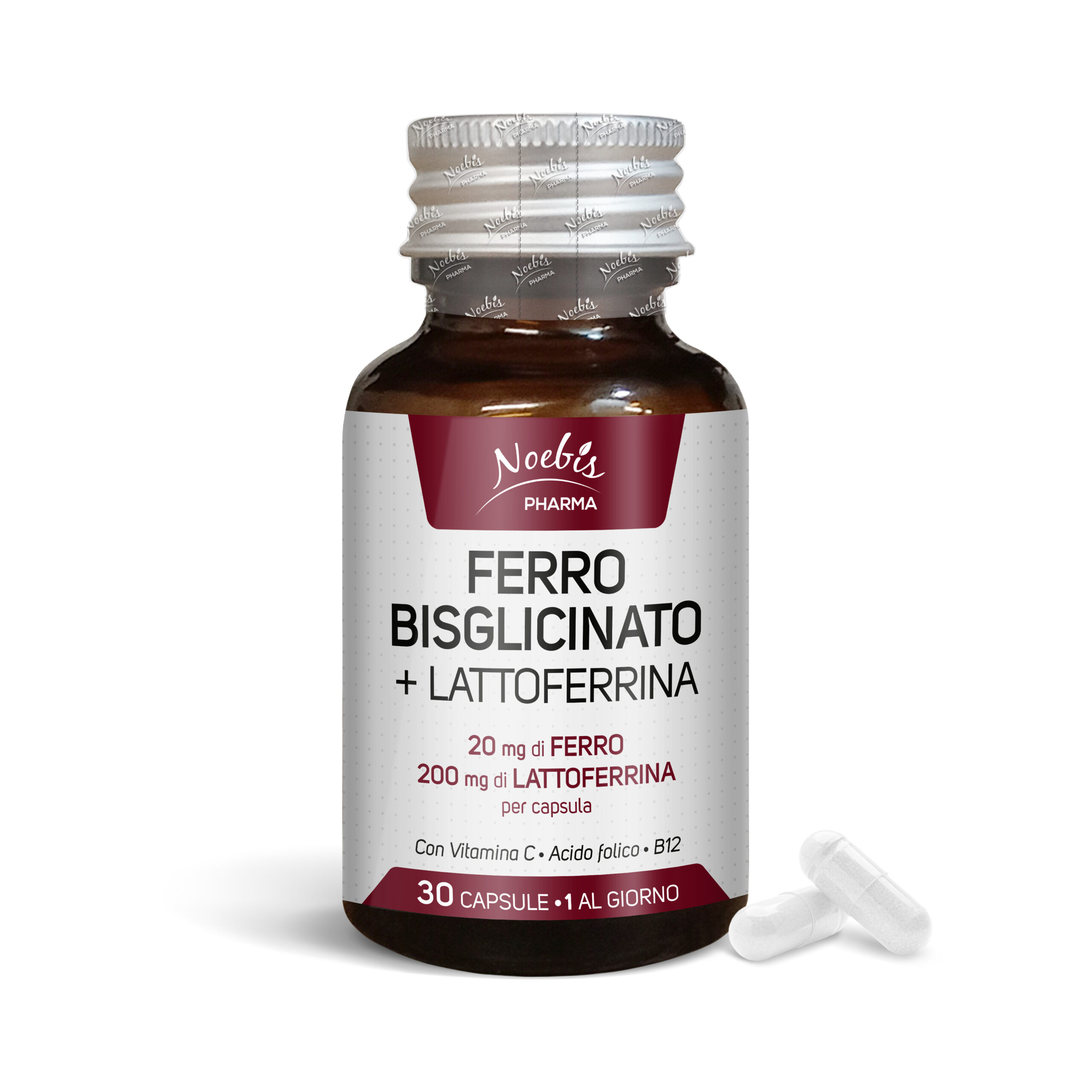 01-ferro-lattoferrina-fronte Ferro Bisglicinato 20 mg + Lattoferrina 200 mg Noebis Pharma – flacone frontale