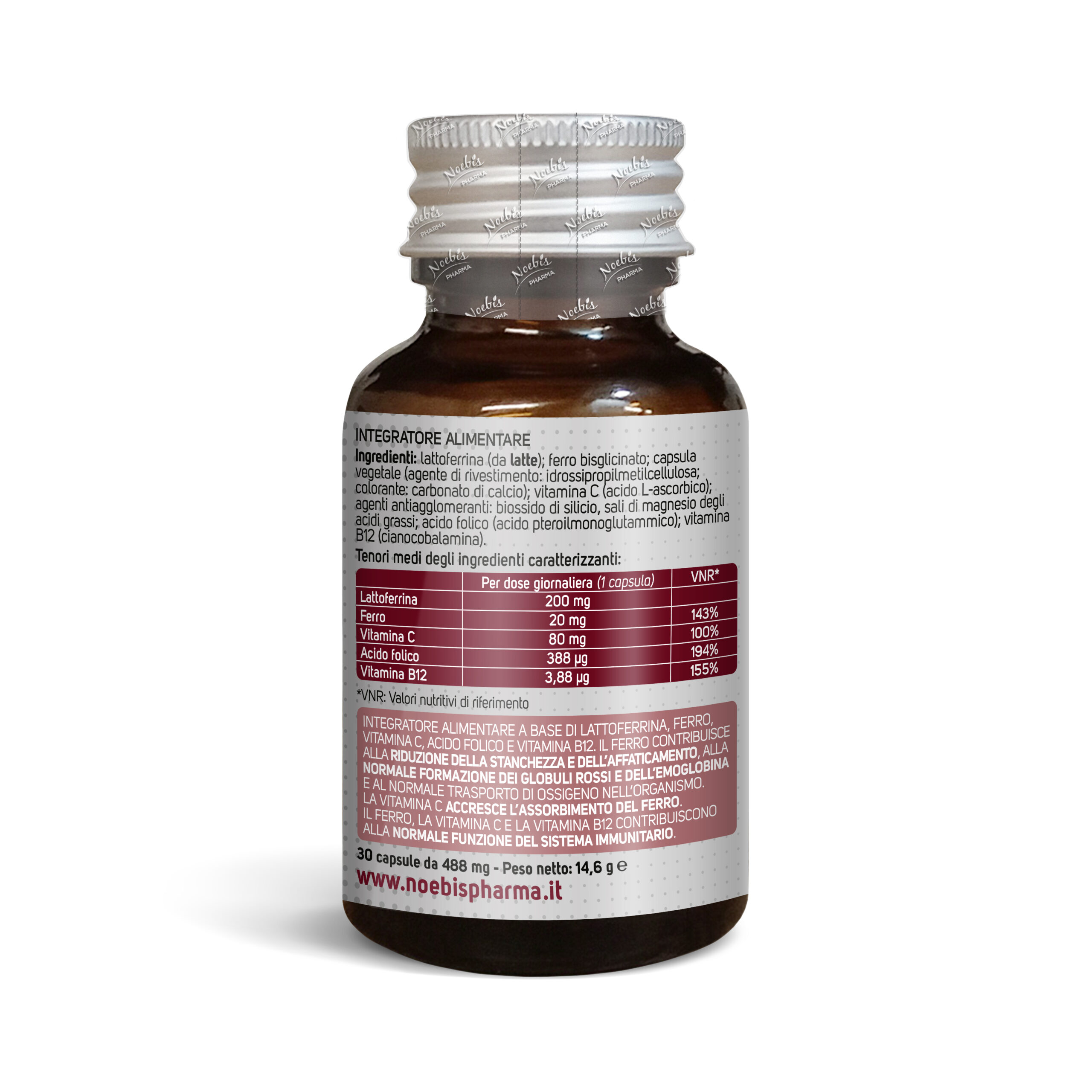 Etichetta Ferro Bisglicinato 20 mg + Lattoferrina 200 mg – 30 capsule: ingredienti e quantità per dose giornaliera