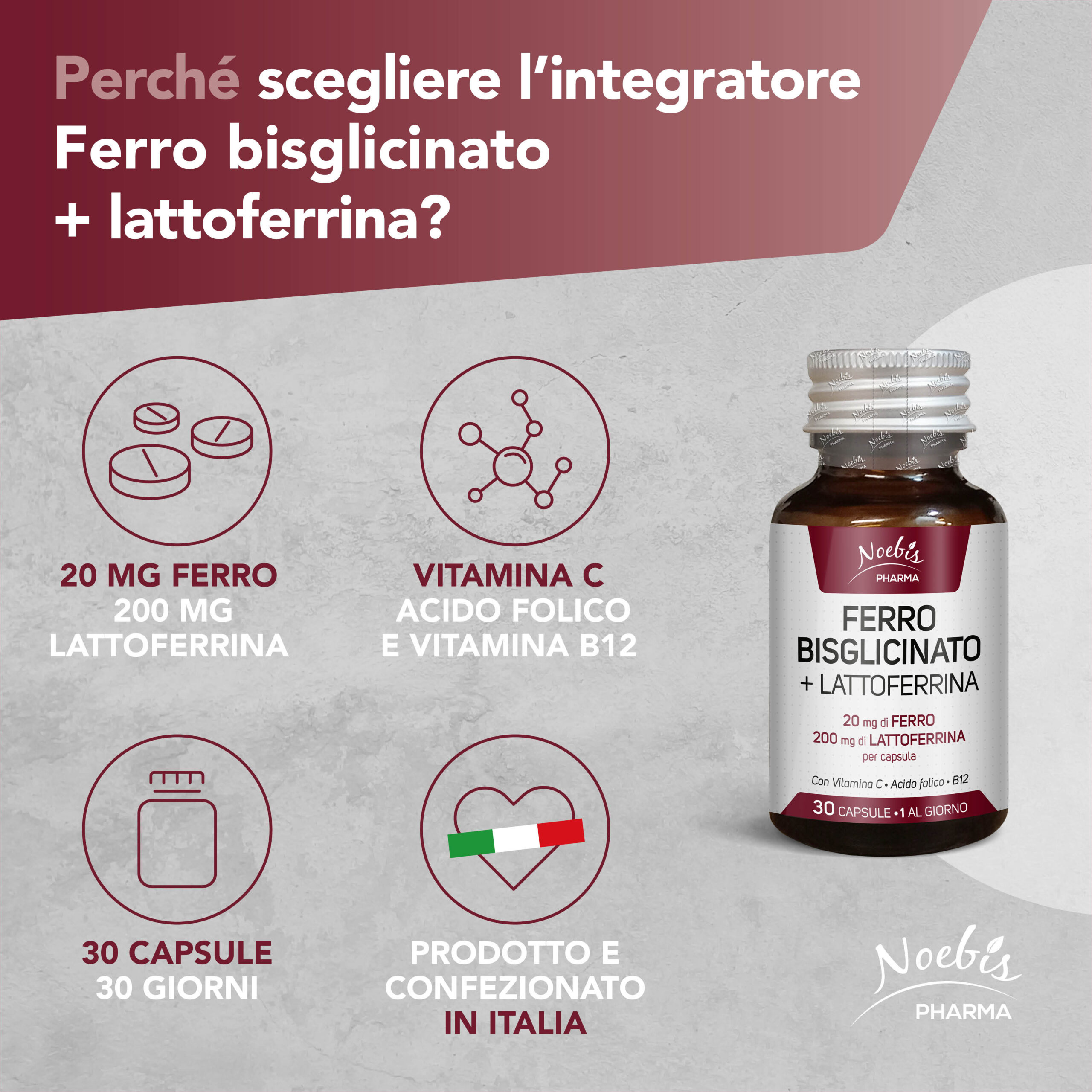 Ferro Bisglicinato 20 mg + Lattoferrina 200 mg – 30 capsule, Noebis Pharma
