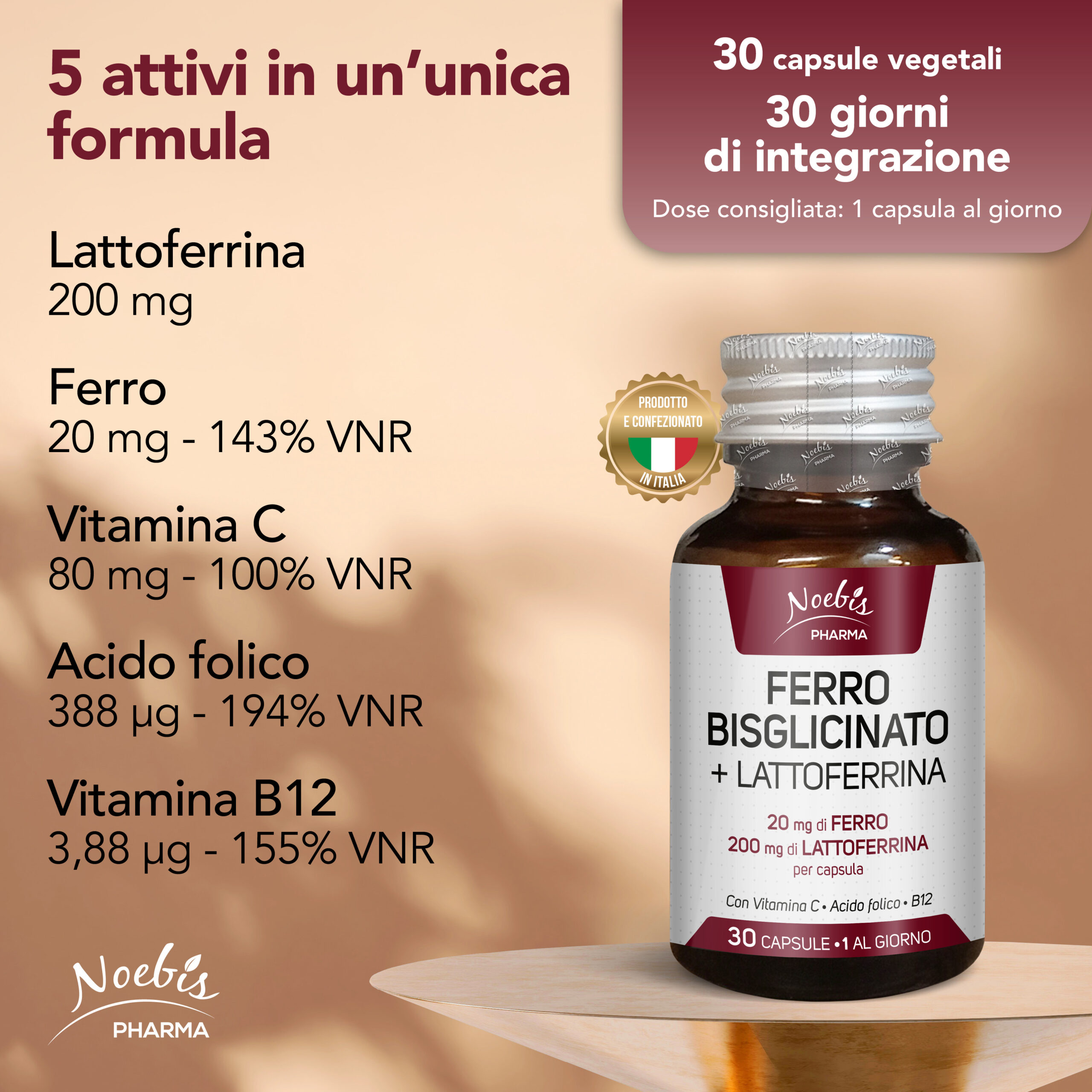 Ferro Bisglicinato 20 mg + Lattoferrina 200 mg – 30 capsule, Noebis Pharma