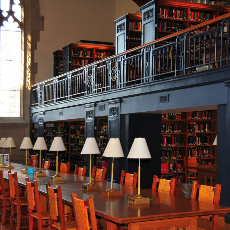 Scaffali di una biblioteca con libri ordinati