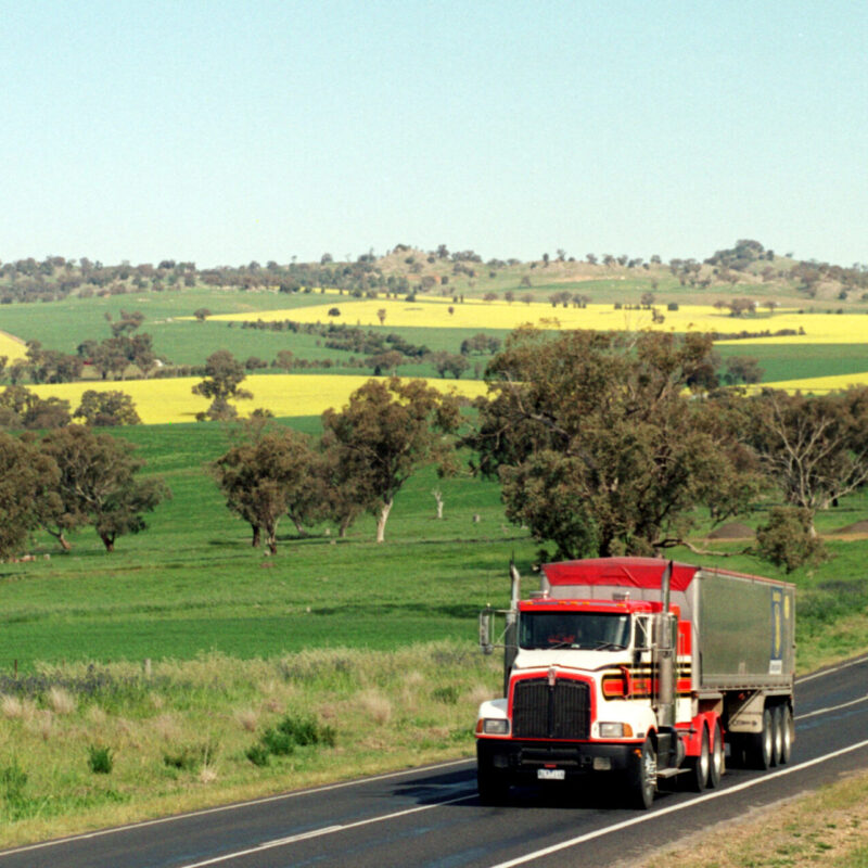 Camion in viaggio su una strada di campagna tra i campi