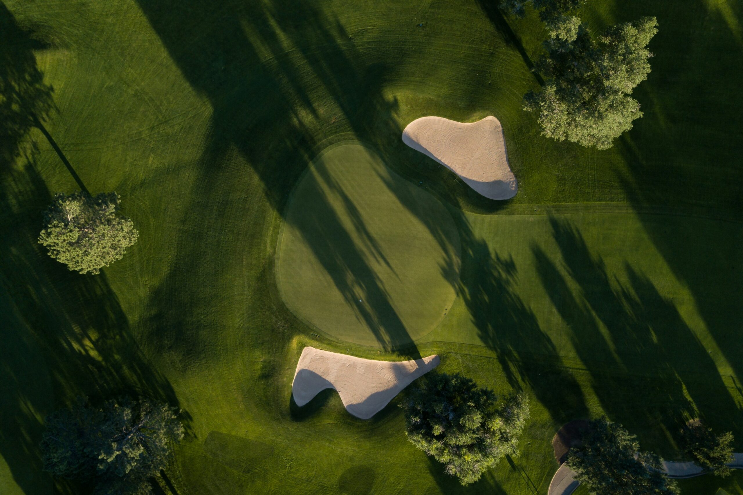 Vista aerea di un campo da golf con green e fairway, ambientazione per un round di golf amatoriale