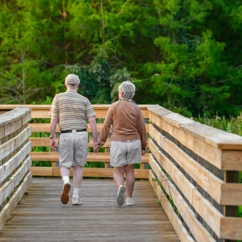 Coppia di persone over 65 a passeggio nella natura, uno stile di vita attivo dopo la pensione
