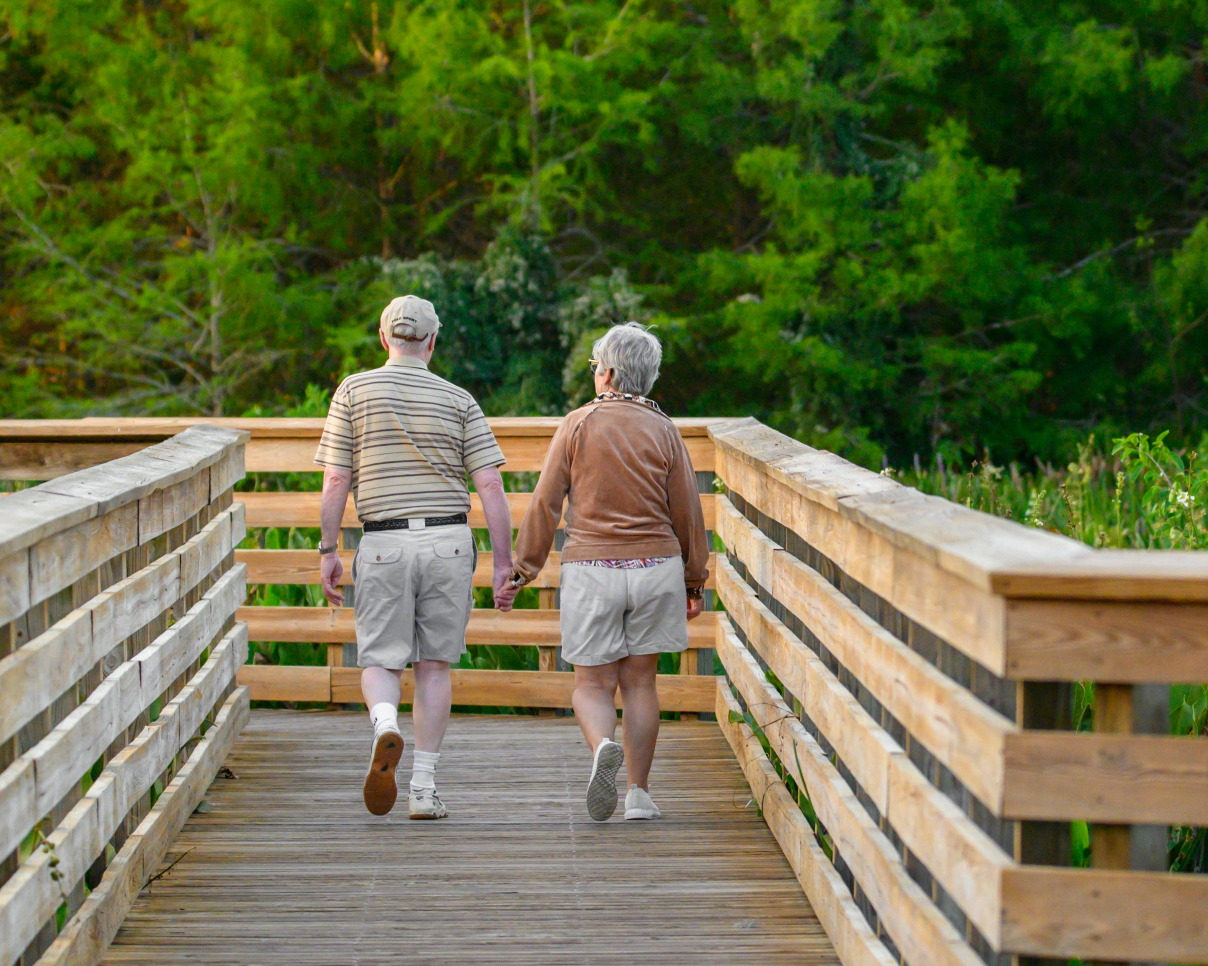 Coppia di persone over 65 a passeggio nella natura, uno stile di vita attivo dopo la pensione