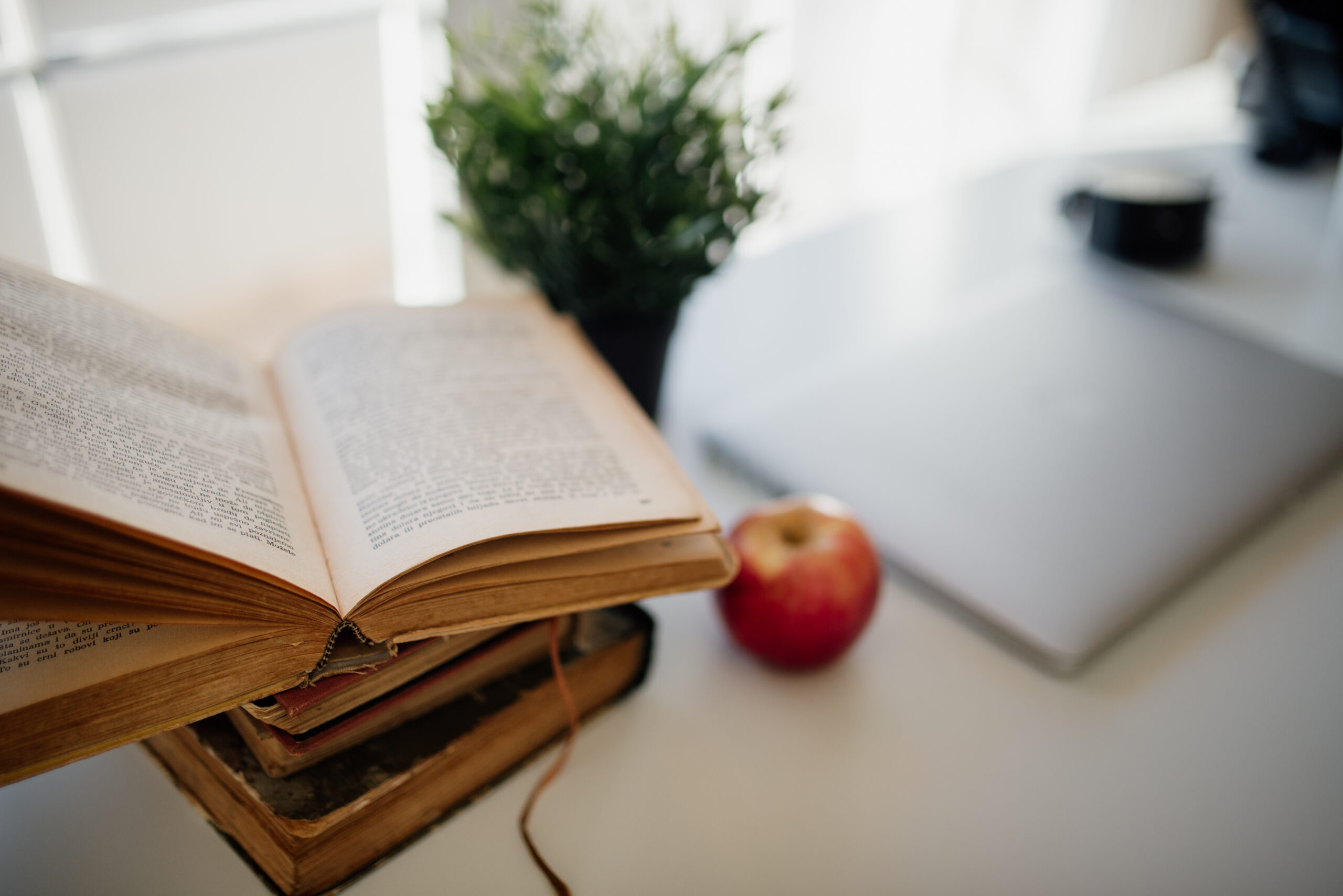 Angolo studio accogliente con quaderno aperto, luce naturale e una mela, simbolo del tornare sui libri da adulti