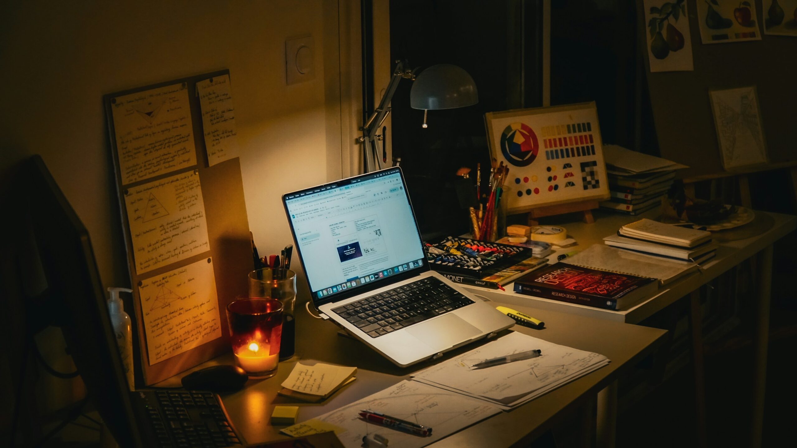 Scrivania con laptop e libri per lo studio di una lingua la sera