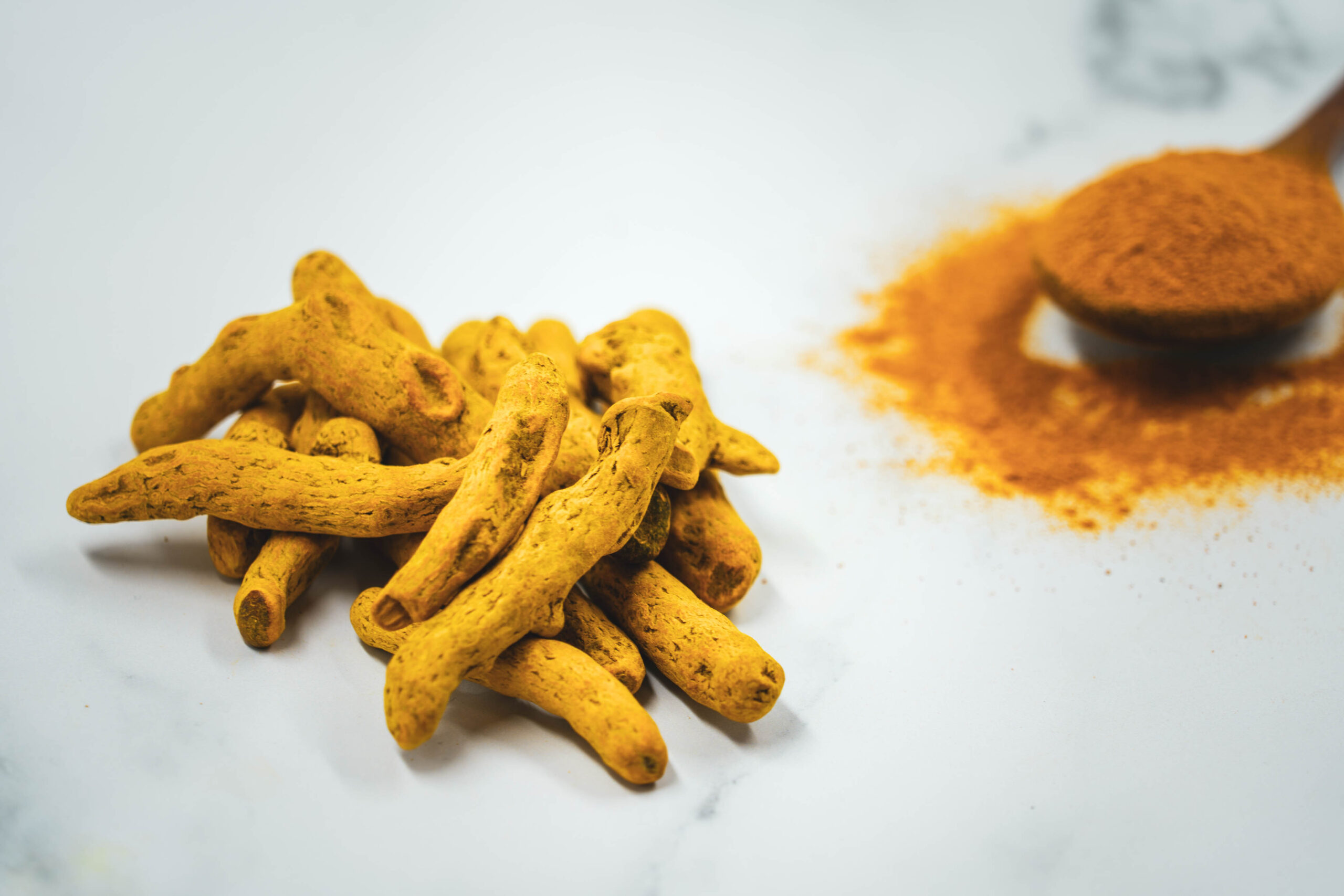 Radice di curcuma e curcuma in polvere