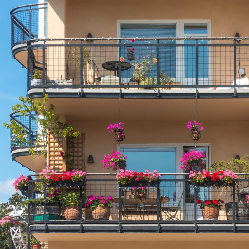 Balcone fiorito con piante in vaso su una facciata colorata, esempio di giardinaggio in spazi piccoli in città