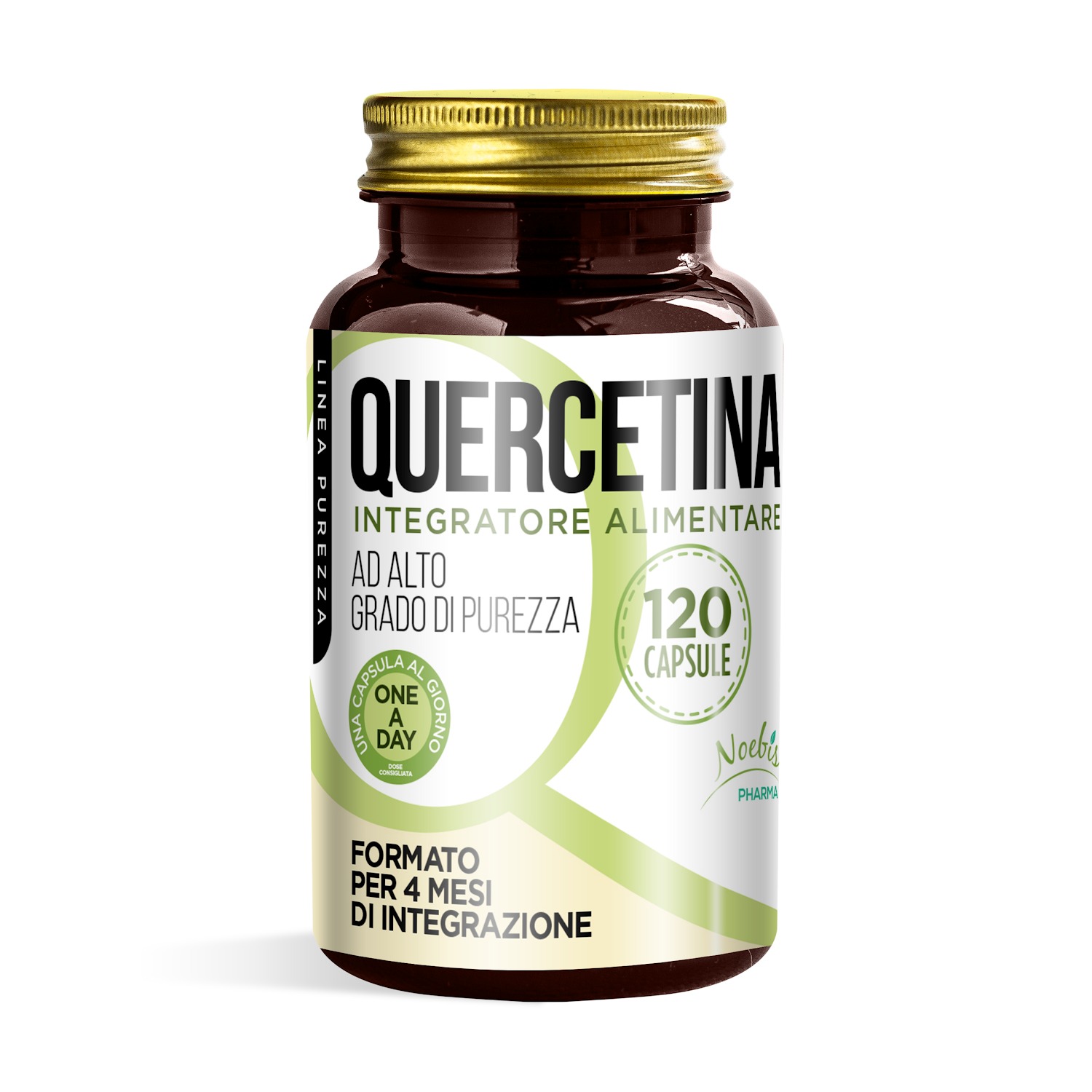 Quercetina 200 mg 120 capsule - flacone fronte Quercetina 200 mg Noebis Pharma, flacone da 120 capsule visto di fronte