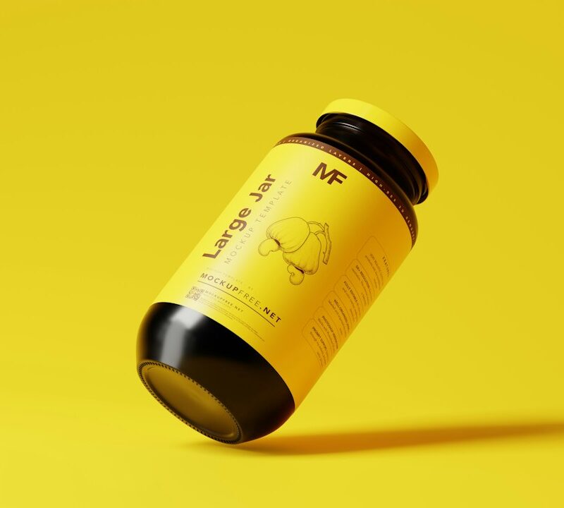 Flacone per integratori utilizzato come esempio visivo per il controllo delle versioni di etichette e packaging