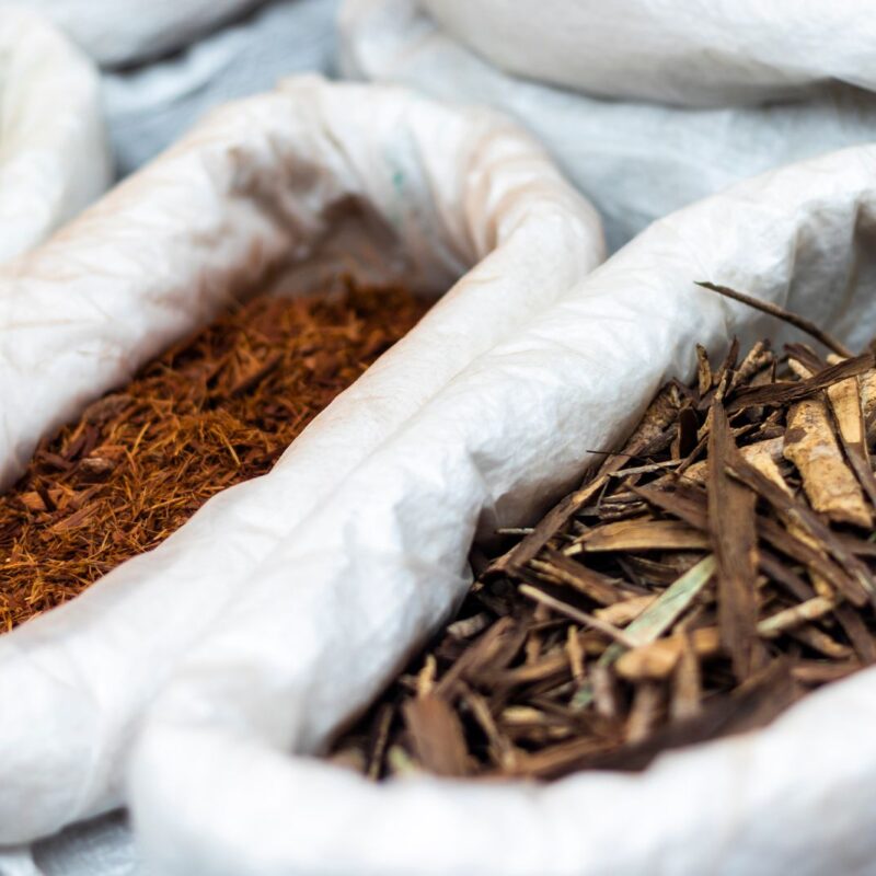 Radici essiccate e spezie botaniche in sacchi di iuta al mercato