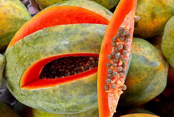 Papaya fresca tagliata, fonte naturale dell'enzima papaina