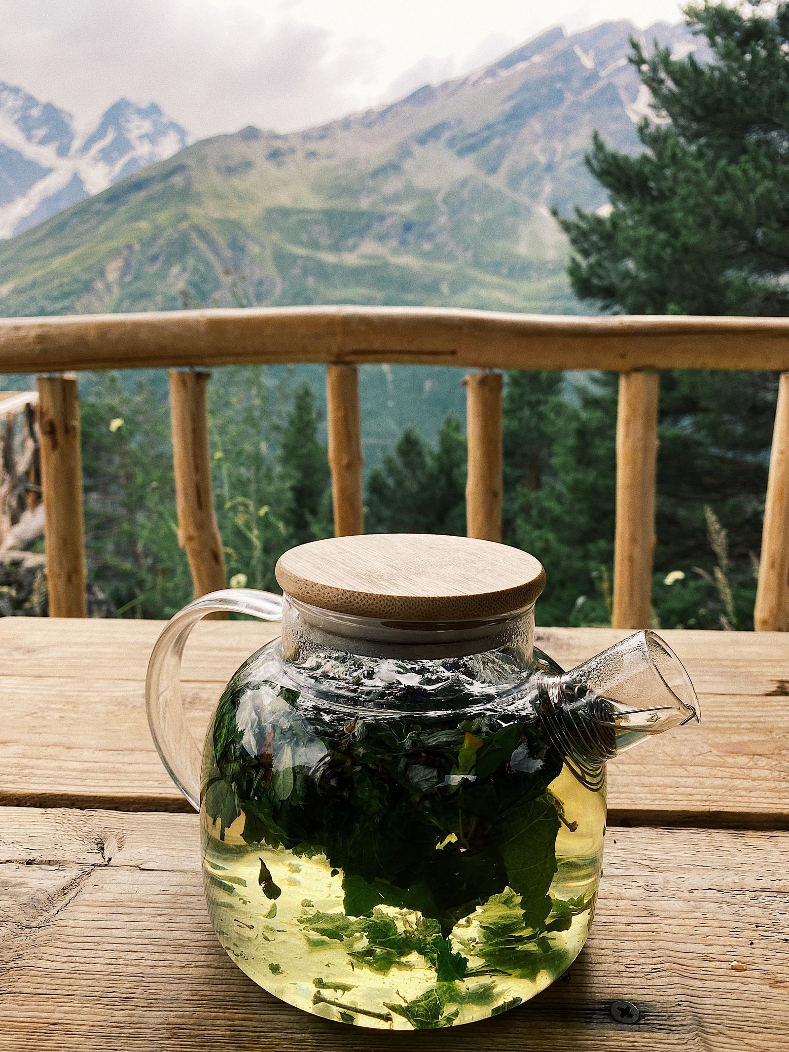 Tisana di erbe officinali in teiera di vetro, tradizione fitoterapica come la rodiola rosea