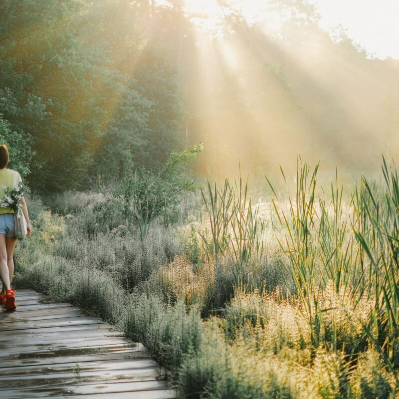 Persona che passeggia in un bosco illuminato dal sole, esposizione naturale utile alla sintesi di vitamina D (foto: Pexels)