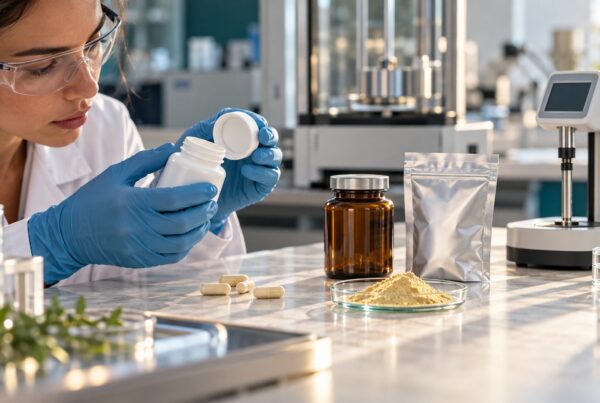 Confronto in laboratorio fra flacone per integratori alimentari, tappo, busta barriera e campione di polvere per verificare compatibilità formula-contenitore