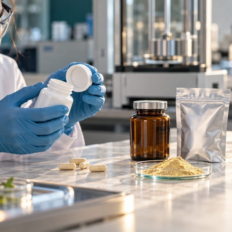 Confronto in laboratorio fra flacone per integratori alimentari, tappo, busta barriera e campione di polvere per verificare compatibilità formula-contenitore