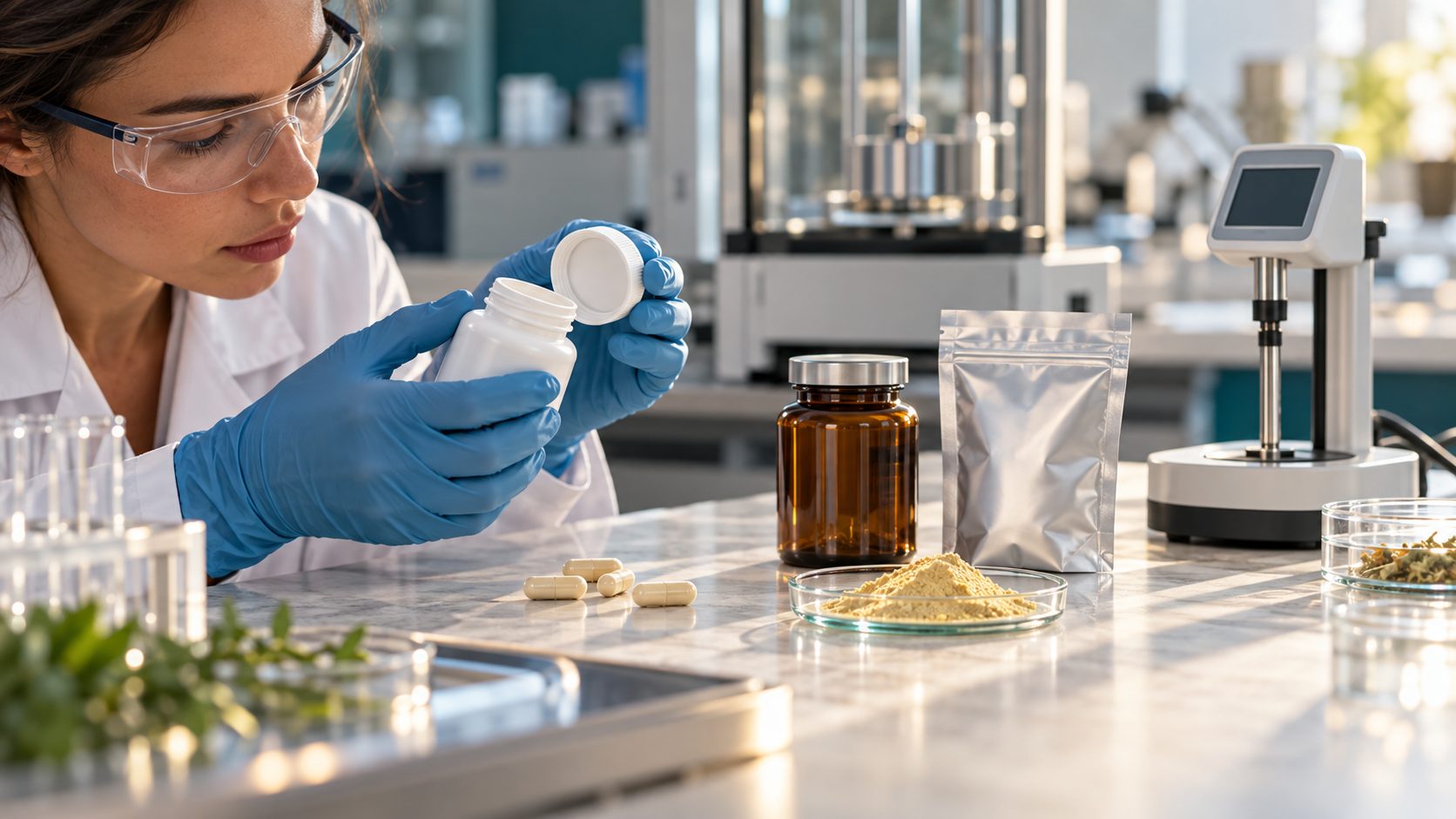 Confronto in laboratorio fra flacone per integratori alimentari, tappo, busta barriera e campione di polvere per verificare compatibilità formula-contenitore