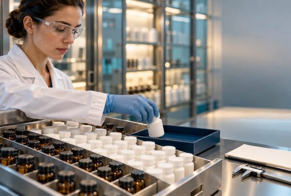 Archivio di controcampioni di integratori alimentari: addetto controllo qualità preleva un flacone sigillato con tracciabilità di lotto