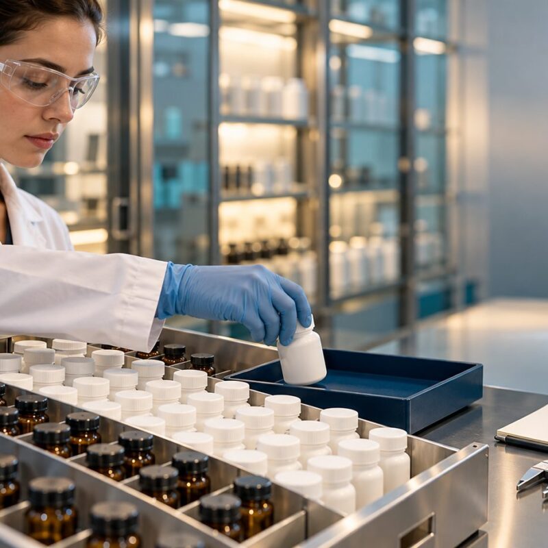 Archivio di controcampioni di integratori alimentari: addetto controllo qualità preleva un flacone sigillato con tracciabilità di lotto
