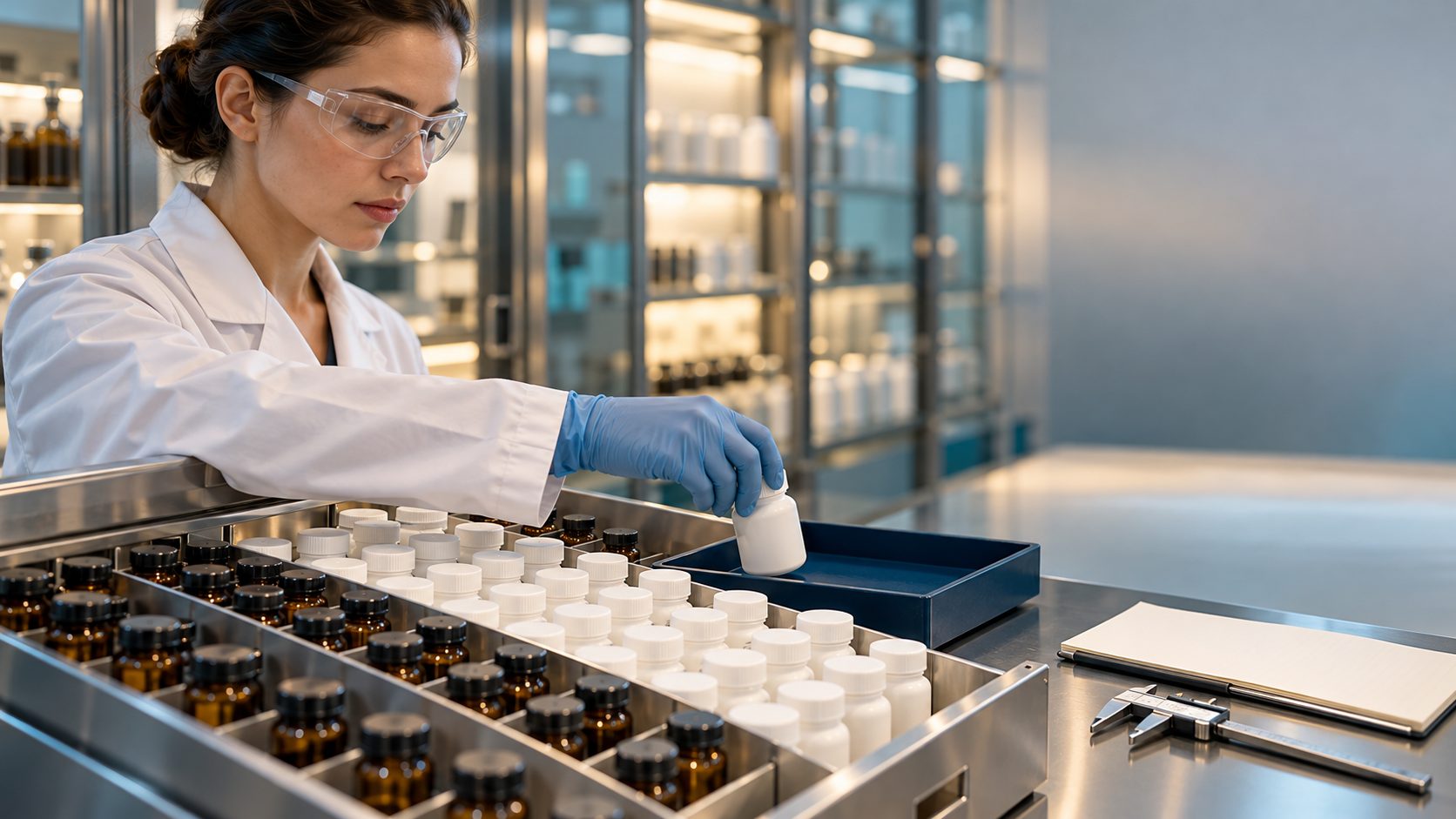 Archivio di controcampioni di integratori alimentari: addetto controllo qualità preleva un flacone sigillato con tracciabilità di lotto