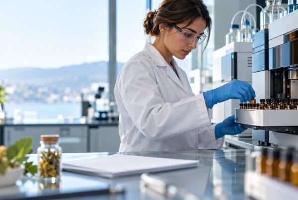 Laboratorio esterno di analisi per integratori alimentari: tecnico qualità prepara campioni su autocampionatore cromatografico