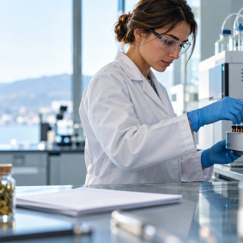 Laboratorio esterno di analisi per integratori alimentari: tecnico qualità prepara campioni su autocampionatore cromatografico