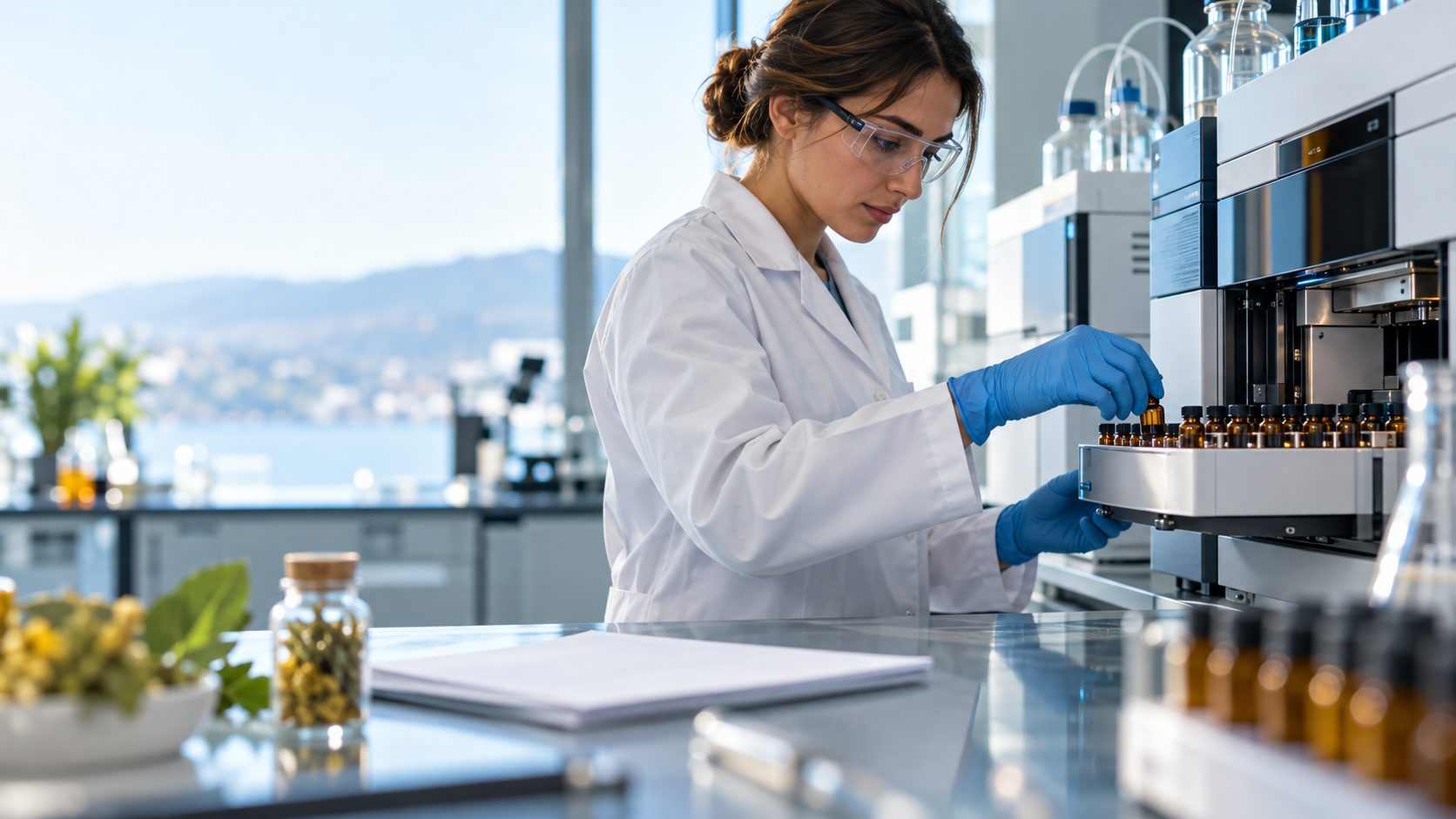 Laboratorio esterno di analisi per integratori alimentari: tecnico qualità prepara campioni su autocampionatore cromatografico