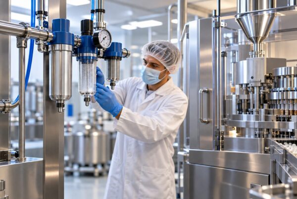 Tecnico controlla filtro, raccordi e manometro dell’aria compressa in uno stabilimento di produzione integratori