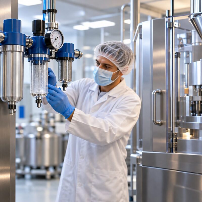 Tecnico controlla filtro, raccordi e manometro dell’aria compressa in uno stabilimento di produzione integratori