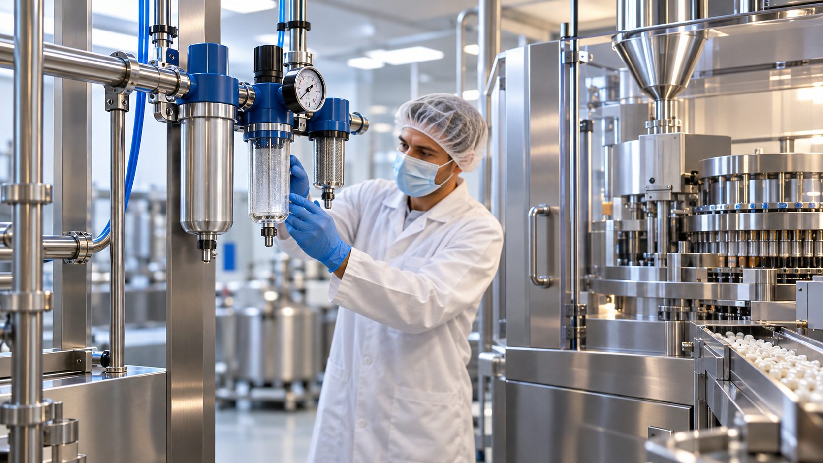 Tecnico controlla filtro, raccordi e manometro dell’aria compressa in uno stabilimento di produzione integratori