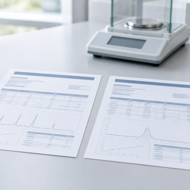 Due rapporti di analisi con tabelle e grafici accanto a una bilancia da laboratorio.