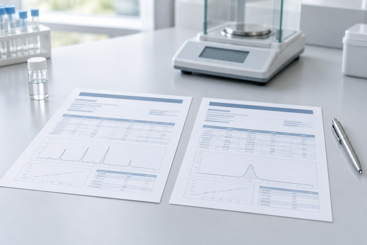 Due rapporti di analisi con tabelle e grafici accanto a una bilancia da laboratorio.