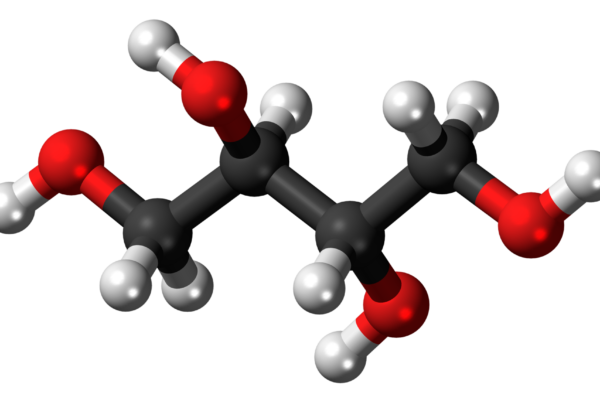 Modello tridimensionale a sfere e bastoncini della molecola di eritritolo