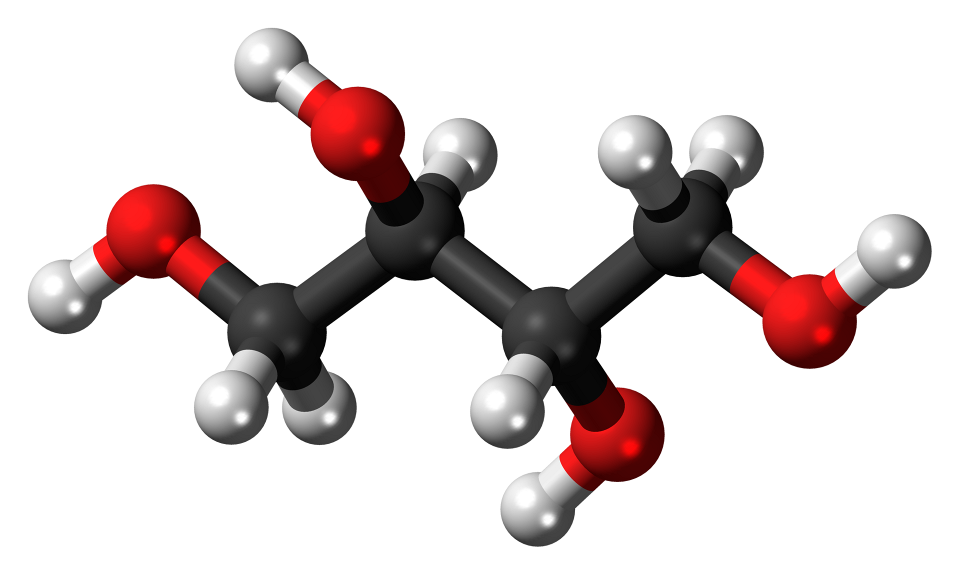 Modello tridimensionale a sfere e bastoncini della molecola di eritritolo