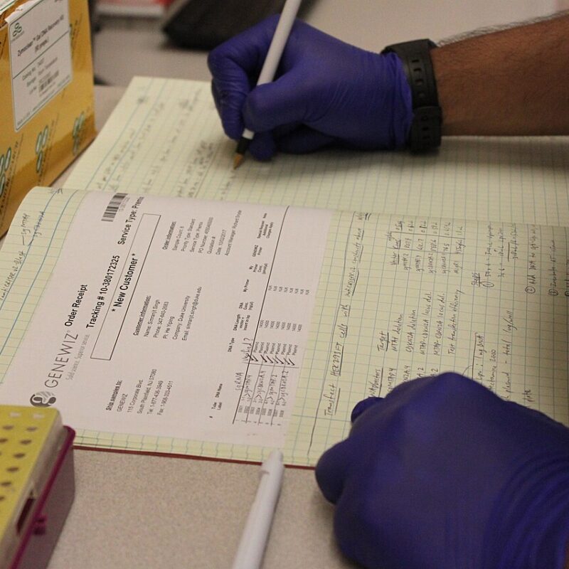 Persona in laboratorio che annota osservazioni su un quaderno scientifico