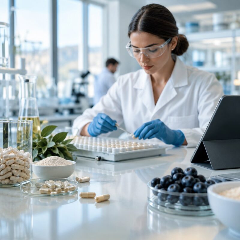 Tecnica di laboratorio con guanti e occhiali prepara capsule per un lotto pilota di integratori.