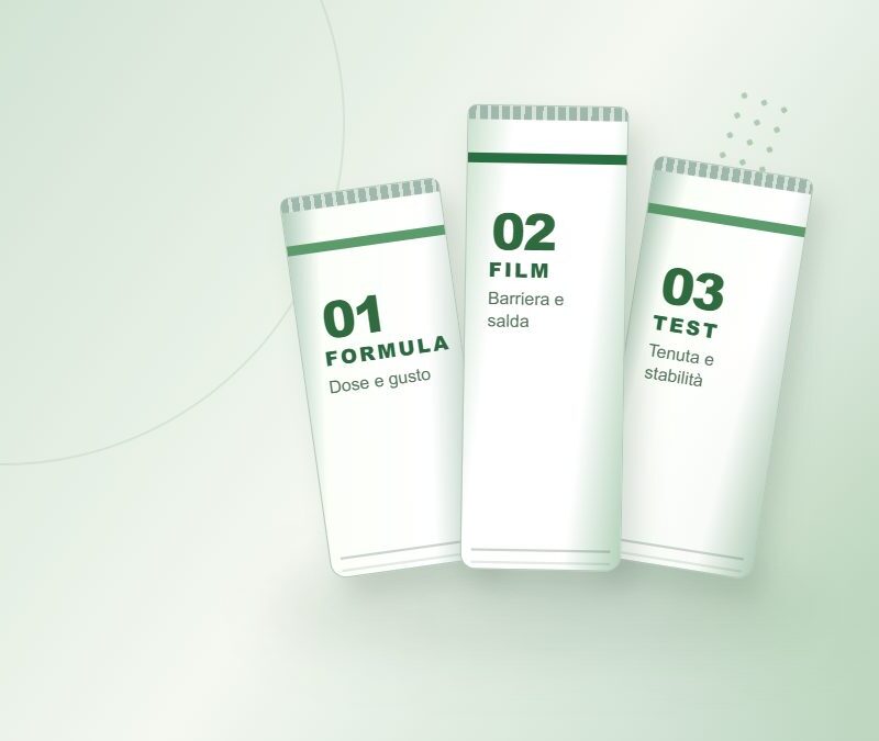 Illustrazione tecnica di tre stick monodose con fasi di formula, film barriera e test di tenuta