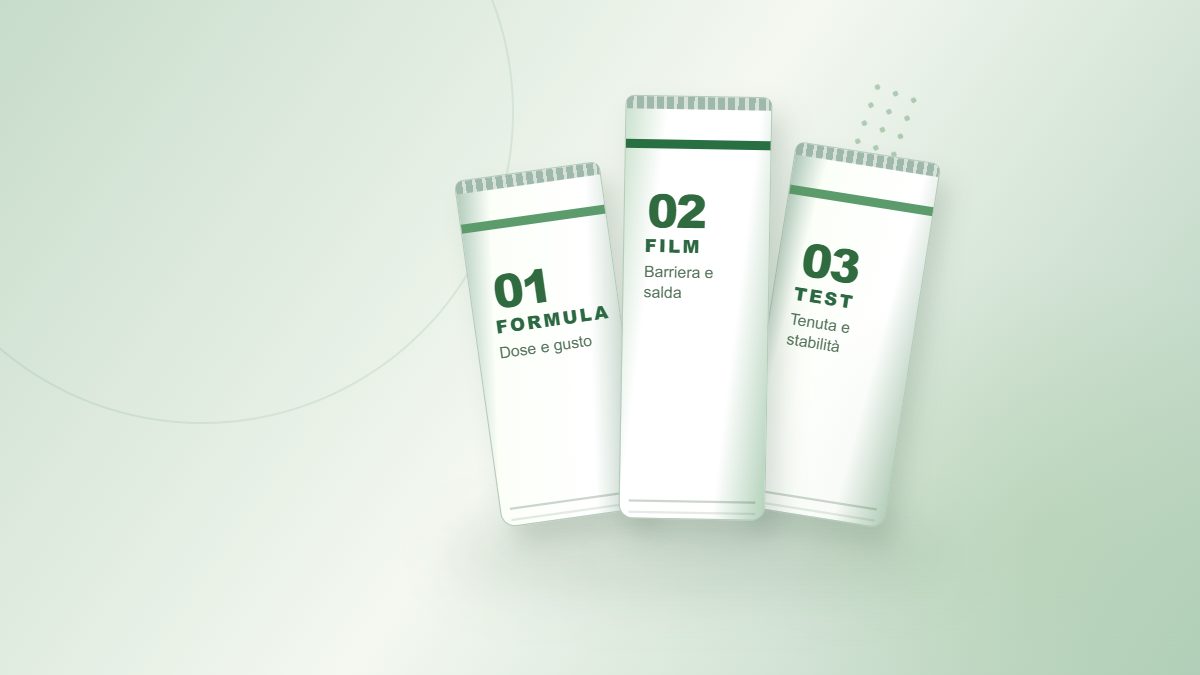 Illustrazione tecnica di tre stick monodose con fasi di formula, film barriera e test di tenuta