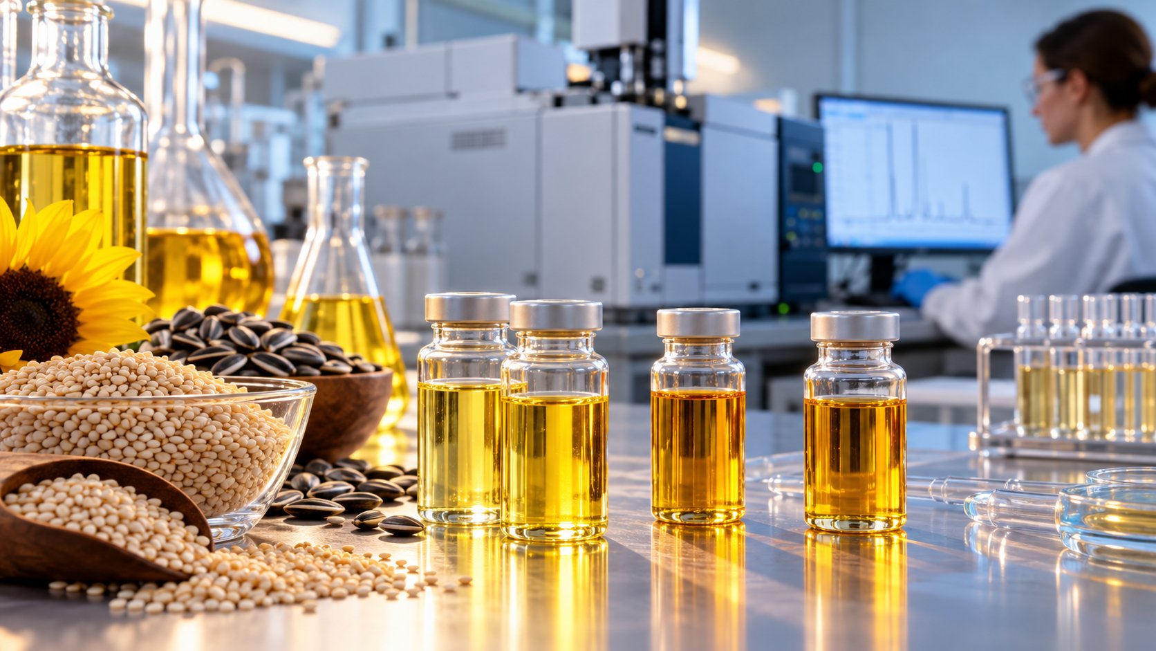 Campioni di oli vegetali, semi oleaginosi e analisi dei contaminanti 3-MCPD e glicidil esteri in laboratorio