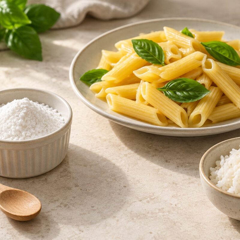 Polvere alimentare illustrativa in una ciotola accanto a pasta cotta e riso, senza identificazione del composto