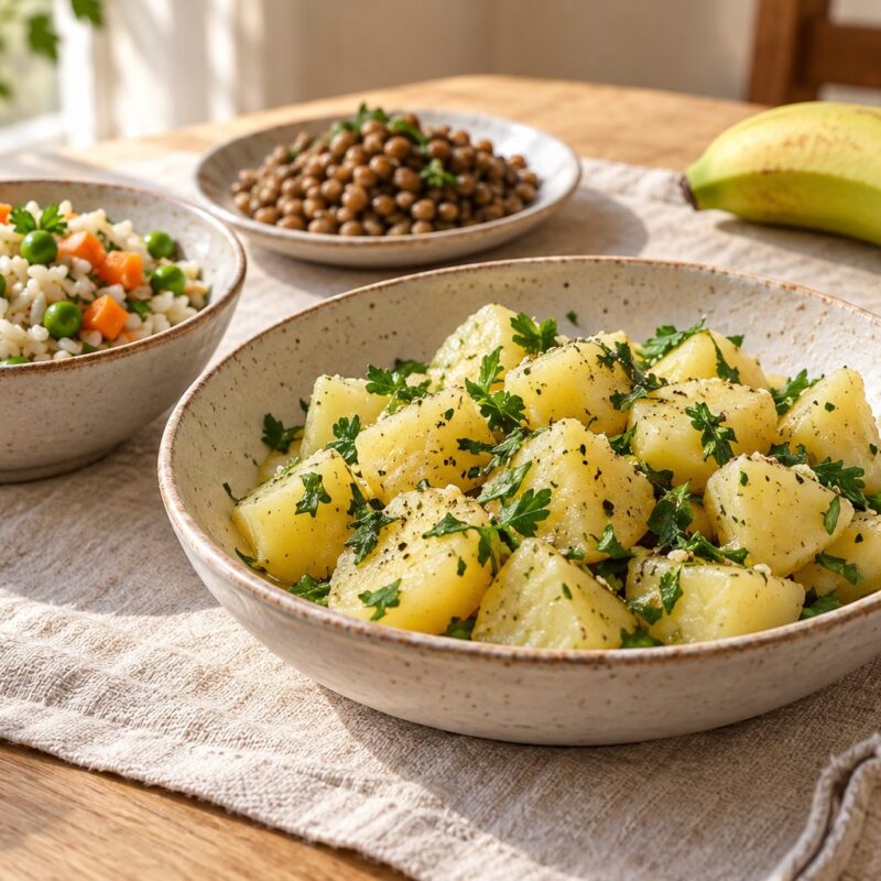 Patate cotte e raffreddate con prezzemolo accanto a insalata di riso, lenticchie e banana acerba su un tavolo chiaro