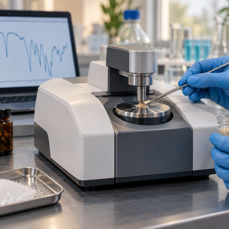 Analisi FTIR-ATR di polvere botanica in laboratorio con spettro infrarosso e strumento analitico