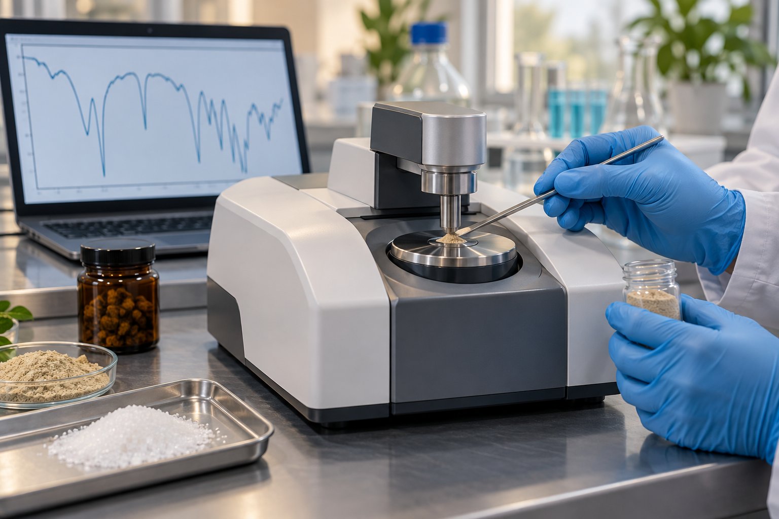 Analisi FTIR-ATR di polvere botanica in laboratorio con spettro infrarosso e strumento analitico