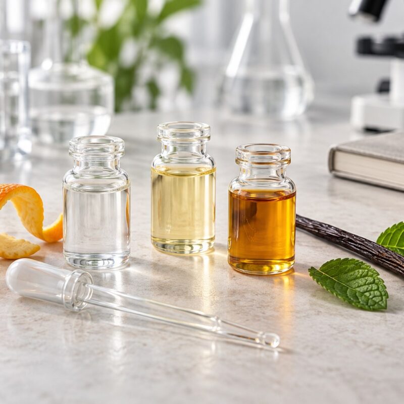 Tre piccole fiale con liquidi aromatici accanto a scorza d'arancia, baccello di vaniglia, menta e pipetta
