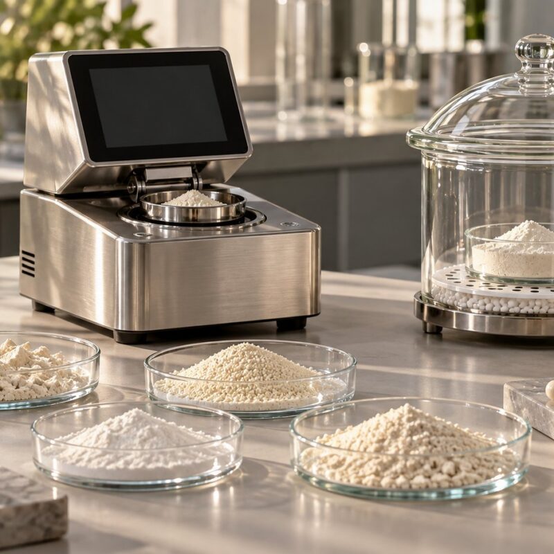 Strumento per la misura dell'attività dell'acqua con campioni di polveri alimentari, capsule e contenitore essiccatore