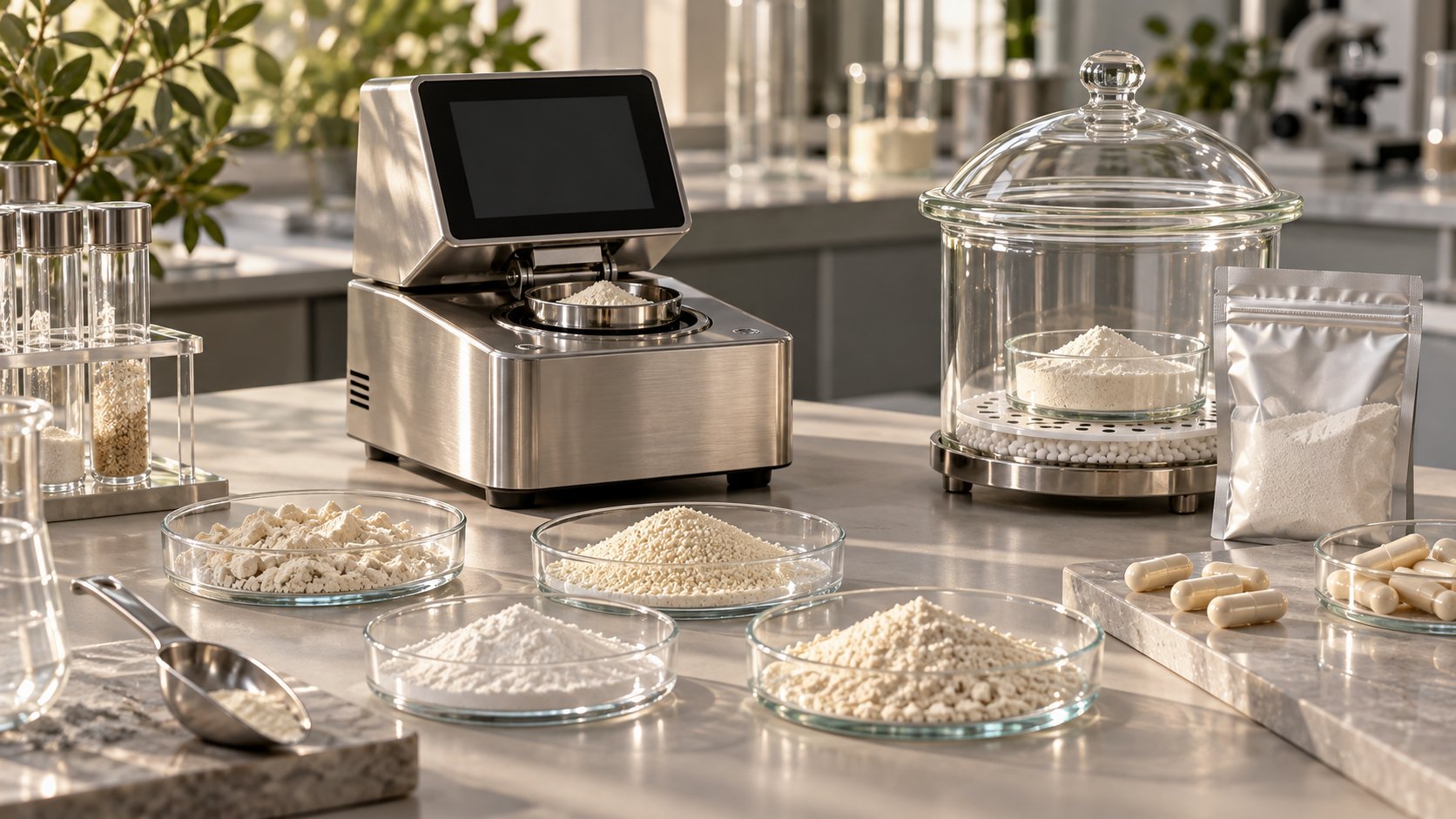 Strumento per la misura dell'attività dell'acqua con campioni di polveri alimentari, capsule e contenitore essiccatore