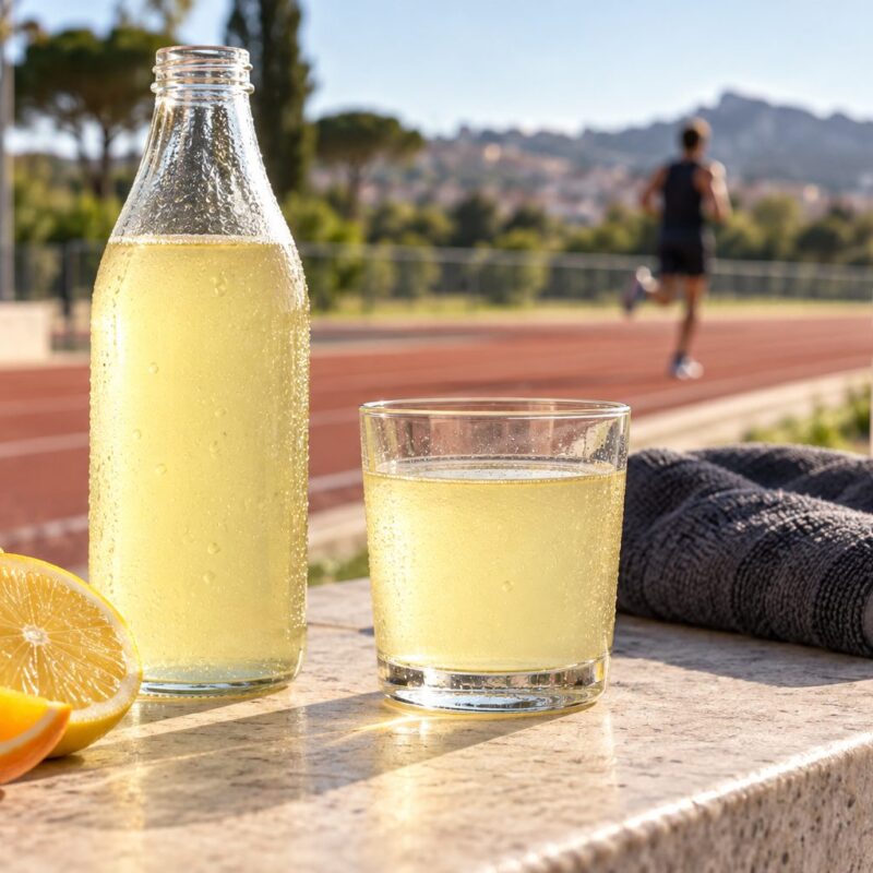 Bottiglia di bevanda chiara con bicchiere e asciugamano sportivo su una panchina accanto alla pista