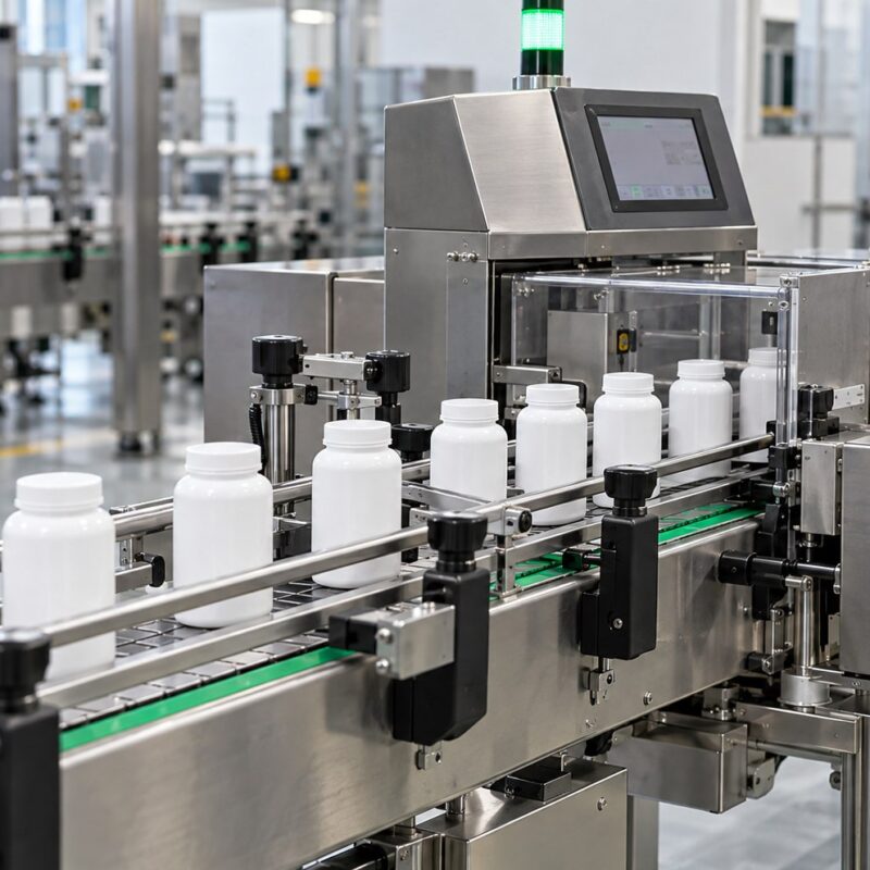 Controllo del peso di flaconi su nastro con checkweigher in linea industriale
