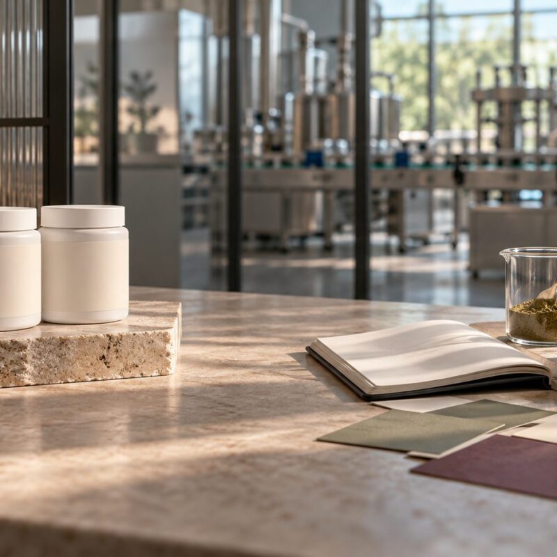 Confronto tra flaconi neutri private label e progetto personalizzato con campioni di botanici e materiali grafici in laboratorio